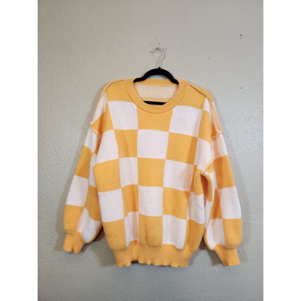 Unbranded Womens XL Orange White Checkerboard Sweater Oversized Knit Pullover